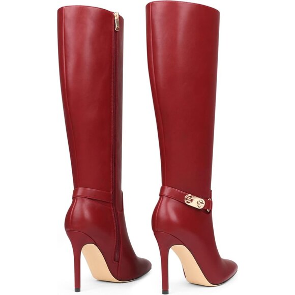Women's Red Coleter Knee High Pointed Toe Stiletto Buckle Dress Boots - Picture 6 of 7